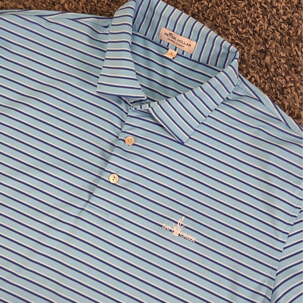 Peter Millar Mens Large Polo Golf Course Logo Blue Stripe Performance